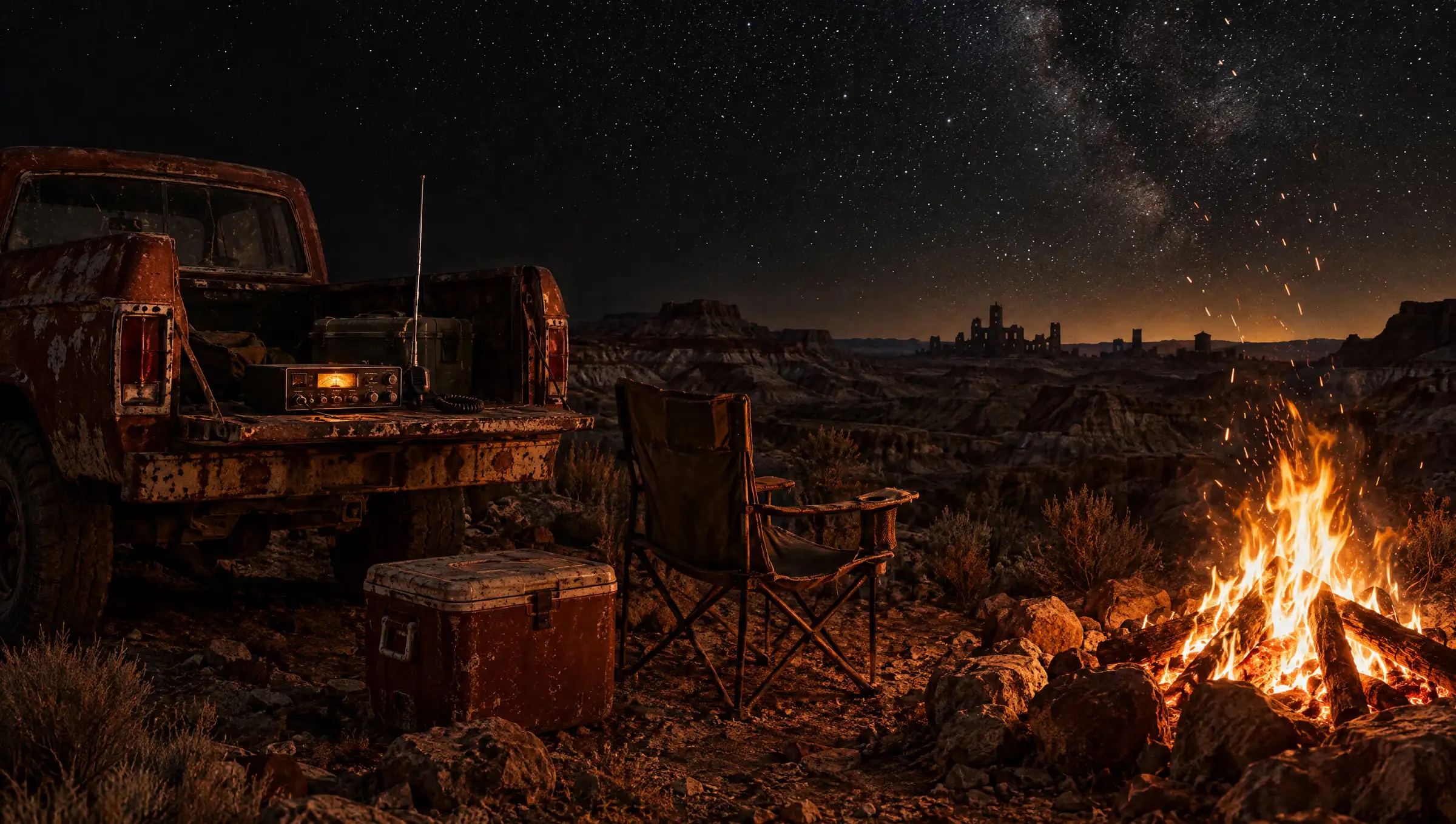 A campfire throwing sparks into a starry desert night beside a rusted pickup with a glowing CB radio on the tailgate