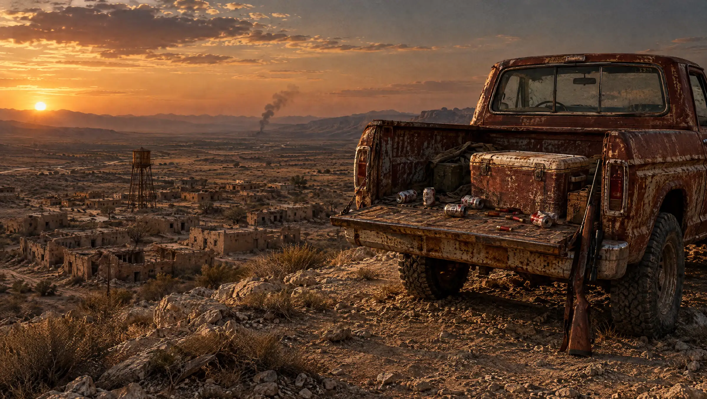 A rusted pickup with its tailgate down on a desert ridge at dusk, overlooking an abandoned Nasdara town