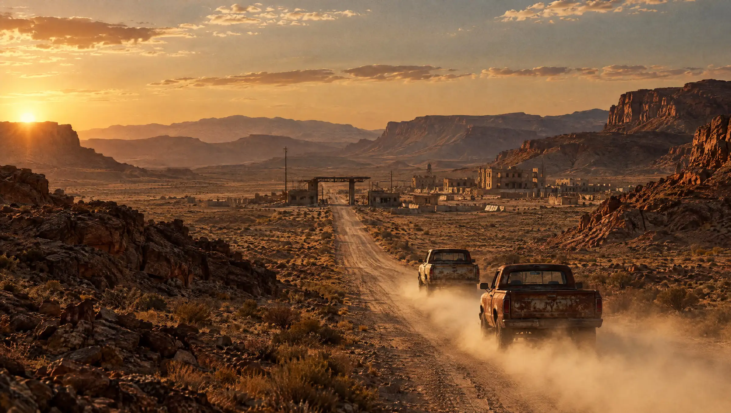 Two rusted pickups kicking up dust on a dirt road toward an abandoned border checkpoint in the Nasdara badlands