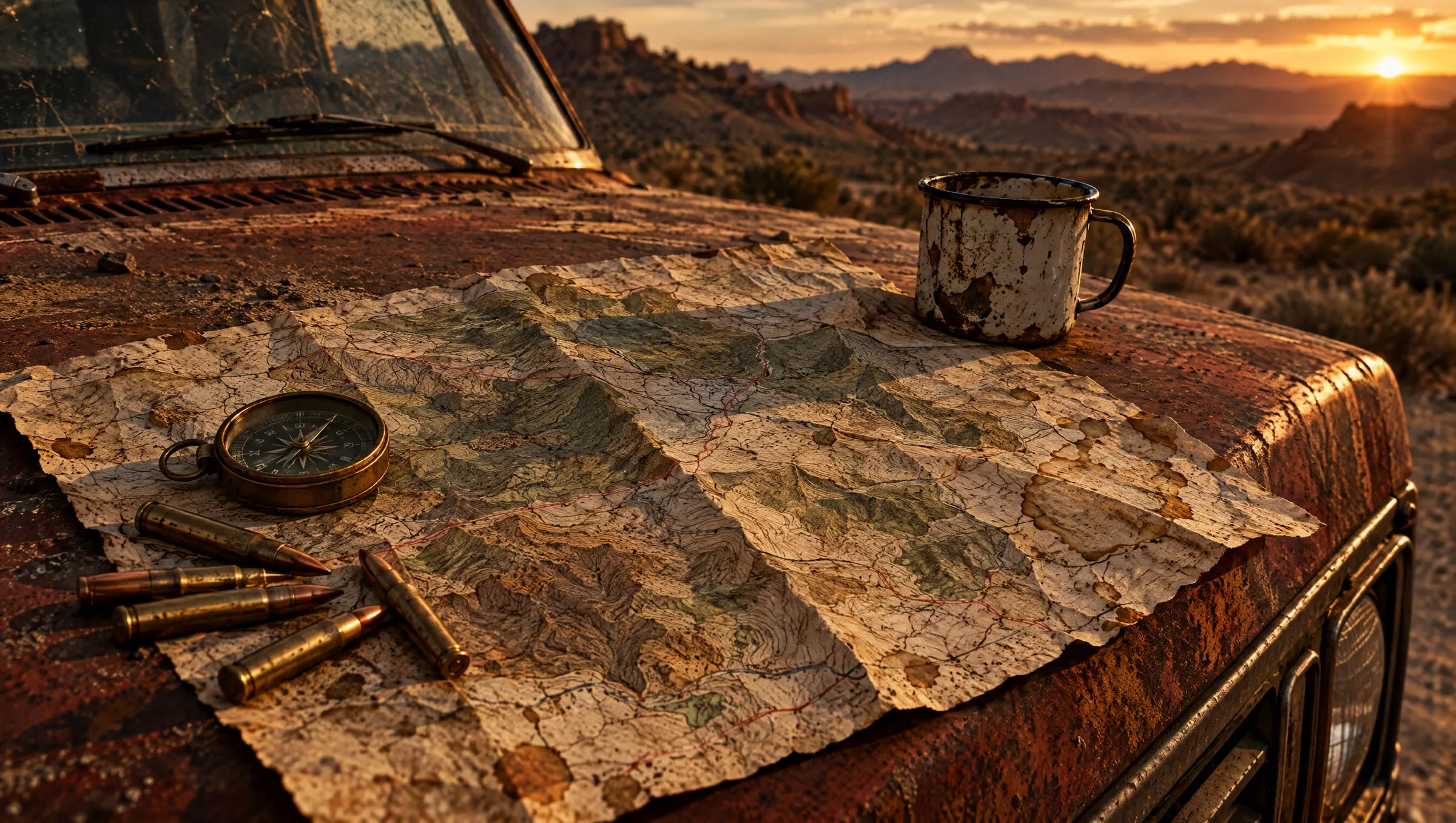 A creased topographic map on the hood of a rusty pickup with a compass and rifle cartridges
