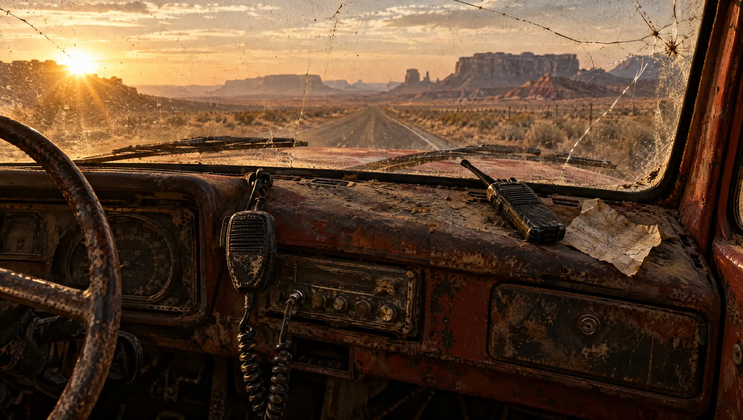 A CB radio handset hanging from the dashboard of an old pickup truck, desert road through the windshield