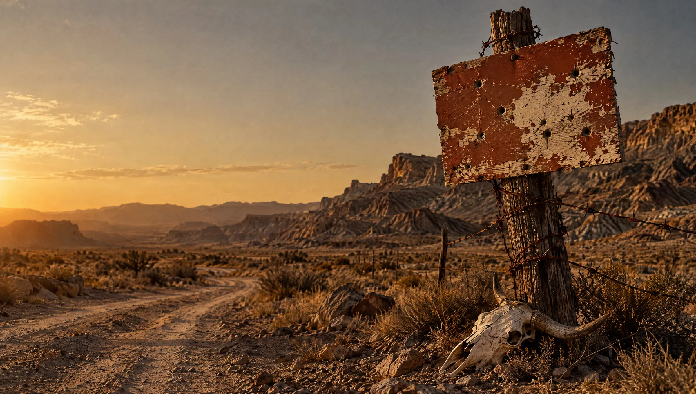 A bullet-riddled warning sign on a fence post beside a desert dirt track