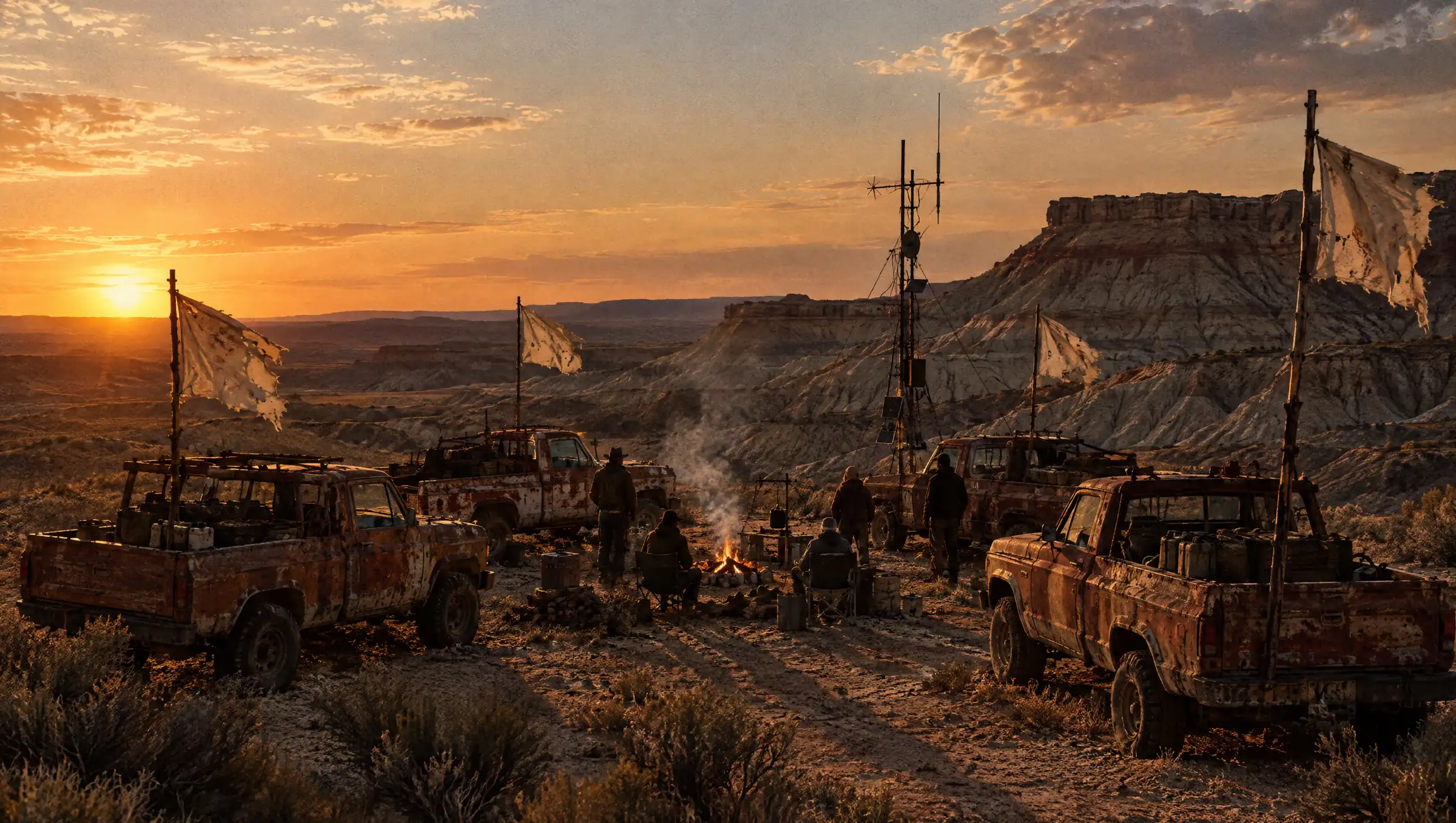 Rusted pickups circled up at a desert survivor camp at dusk, tattered flags on poles and a cook fire smoking