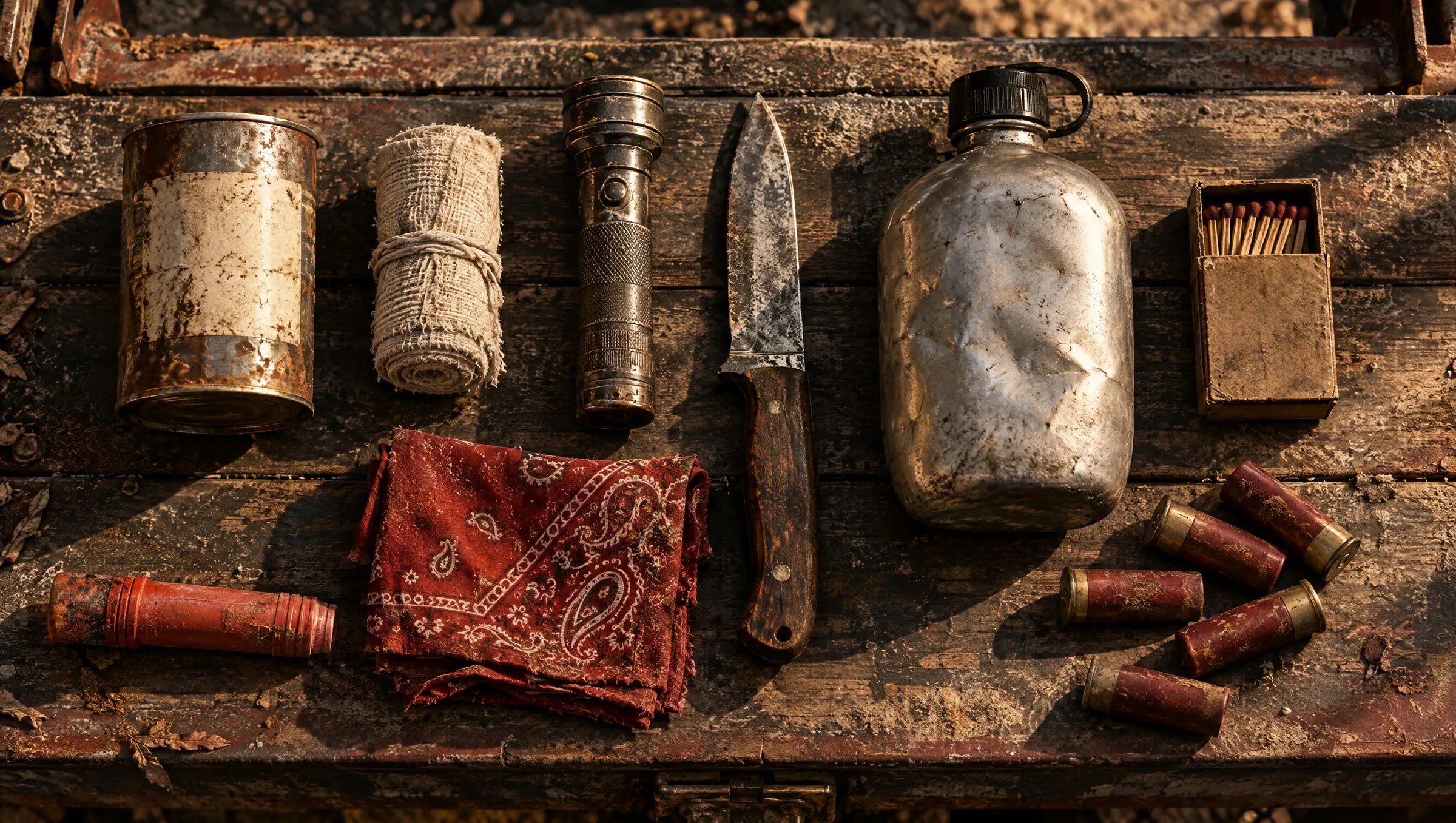 A survival starter kit laid out on a wooden tailgate: canteen, knife, bandage, flashlight and beans