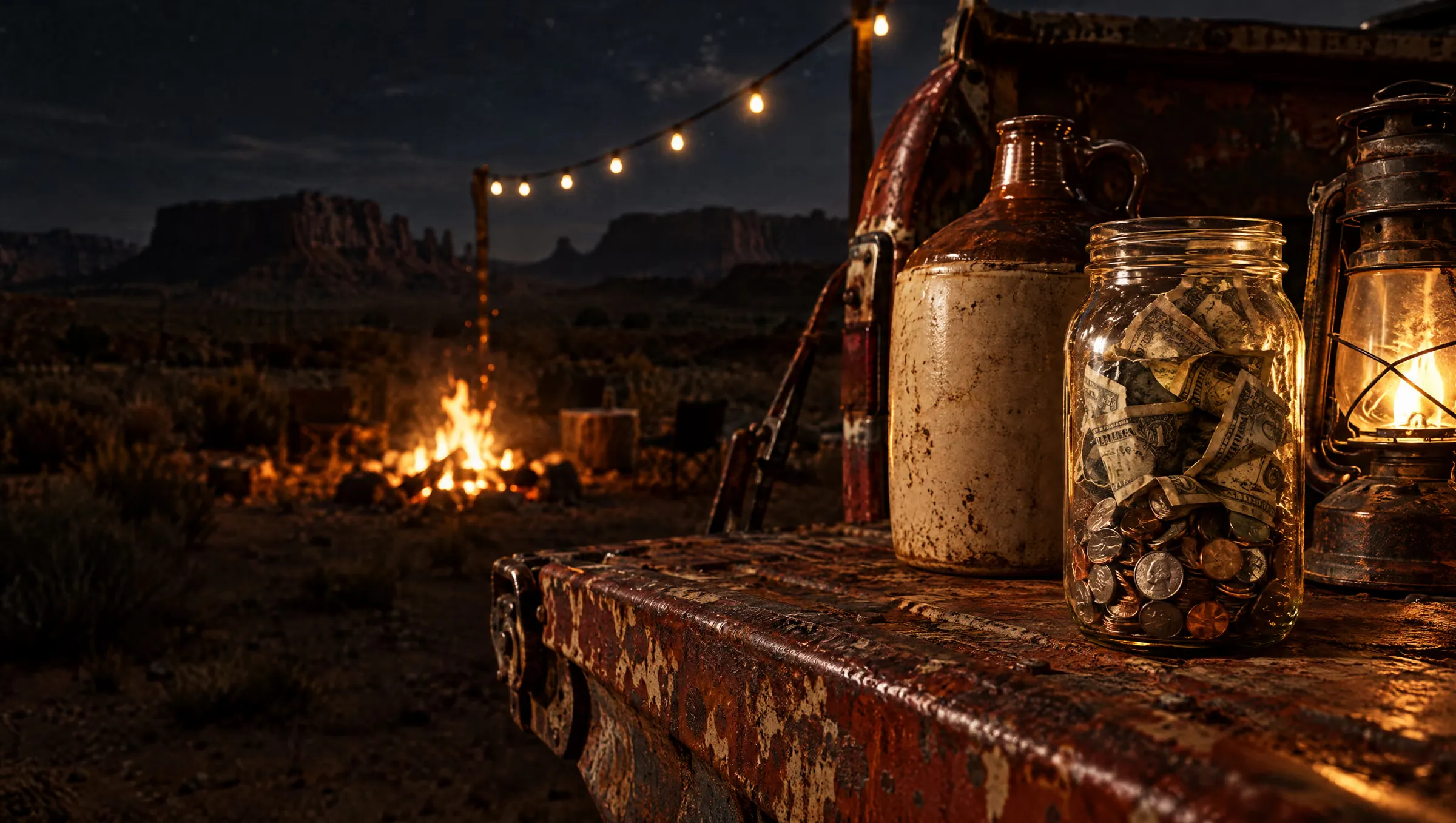 A mason tip jar full of cash on a tailgate next to a moonshine jug and a lantern at night